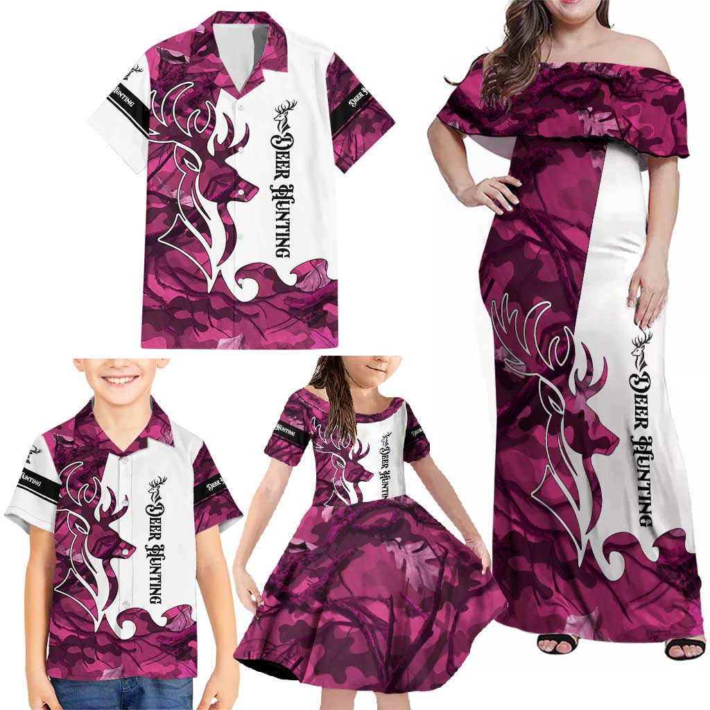 Pink Camo Customize Name Deer Hunting Family Matching Off Shoulder Maxi Dress and Hawaiian Shirt Tribal Buck Silhouette - Wonder Print Shop