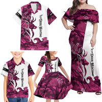 Pink Camo Customize Name Deer Hunting Family Matching Off Shoulder Maxi Dress and Hawaiian Shirt Tribal Buck Silhouette - Wonder Print Shop
