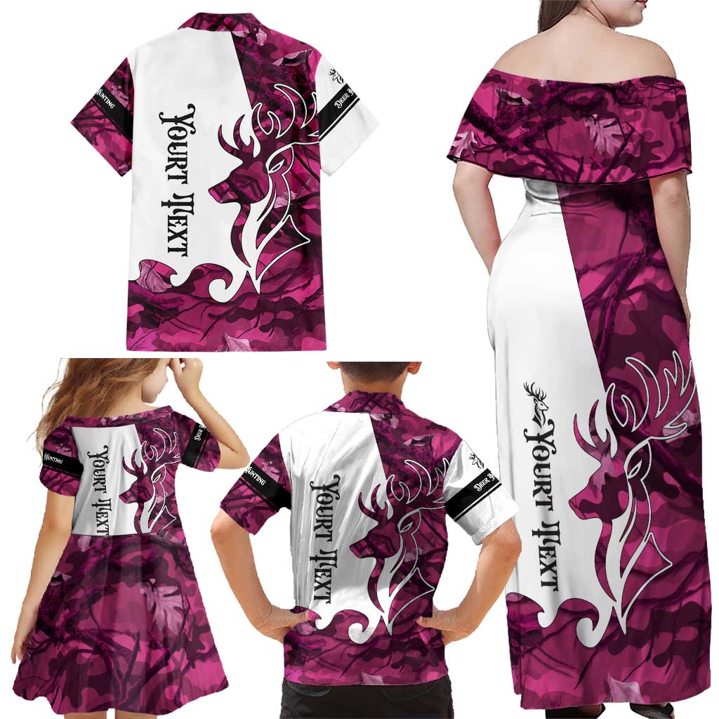 Pink Camo Customize Name Deer Hunting Family Matching Off Shoulder Maxi Dress and Hawaiian Shirt Tribal Buck Silhouette - Wonder Print Shop