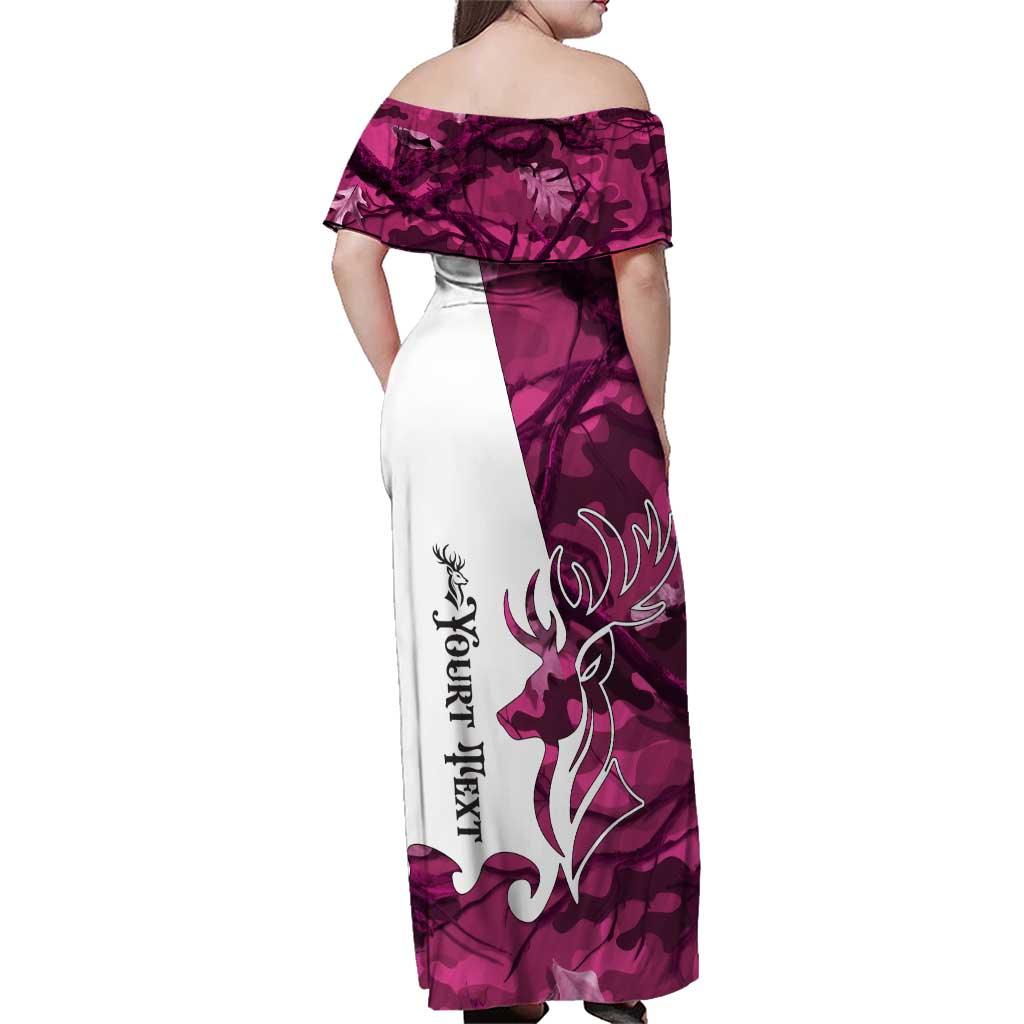 Pink Camo Customize Name Deer Hunting Family Matching Off Shoulder Maxi Dress and Hawaiian Shirt Tribal Buck Silhouette - Wonder Print Shop