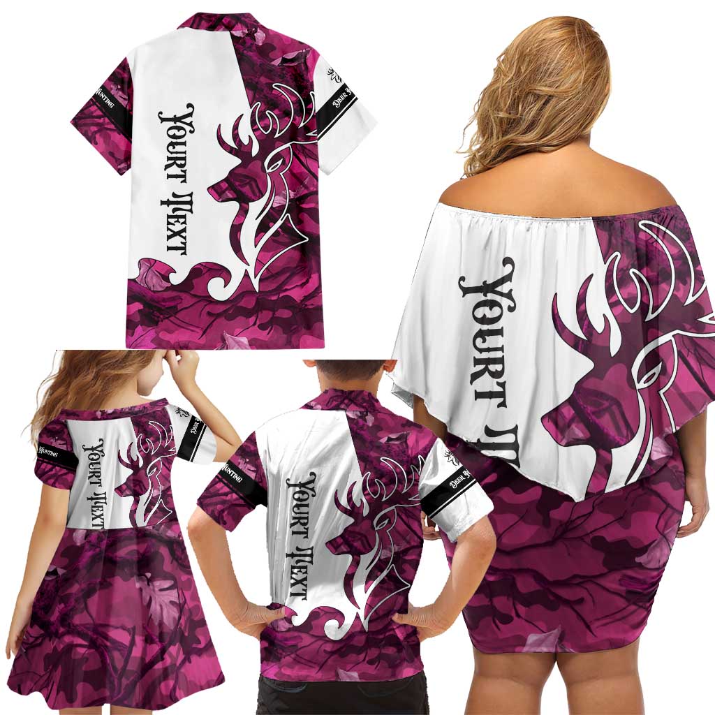 Pink Camo Customize Name Deer Hunting Family Matching Off Shoulder Short Dress and Hawaiian Shirt Tribal Buck Silhouette - Wonder Print Shop
