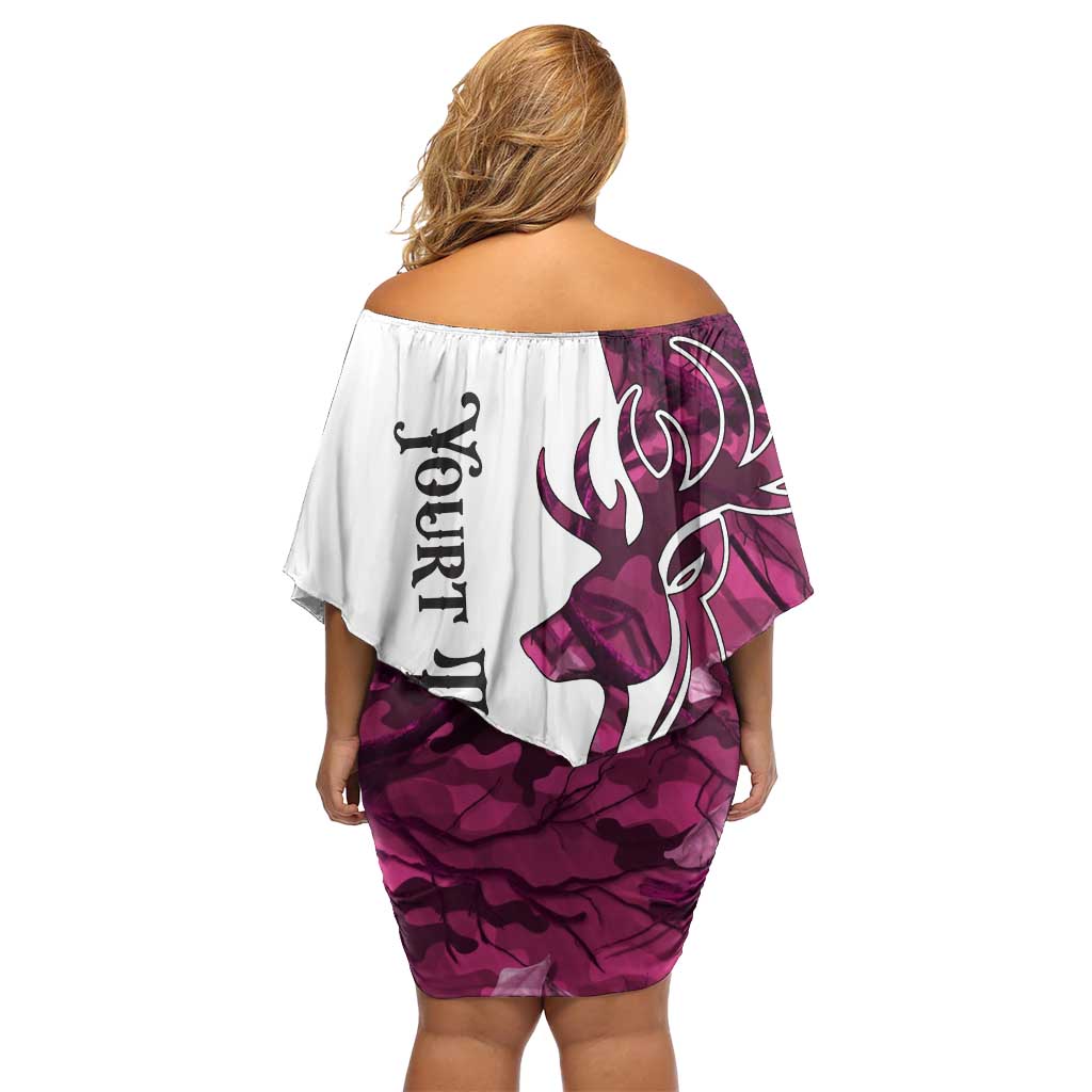 Pink Camo Customize Name Deer Hunting Family Matching Off Shoulder Short Dress and Hawaiian Shirt Tribal Buck Silhouette - Wonder Print Shop