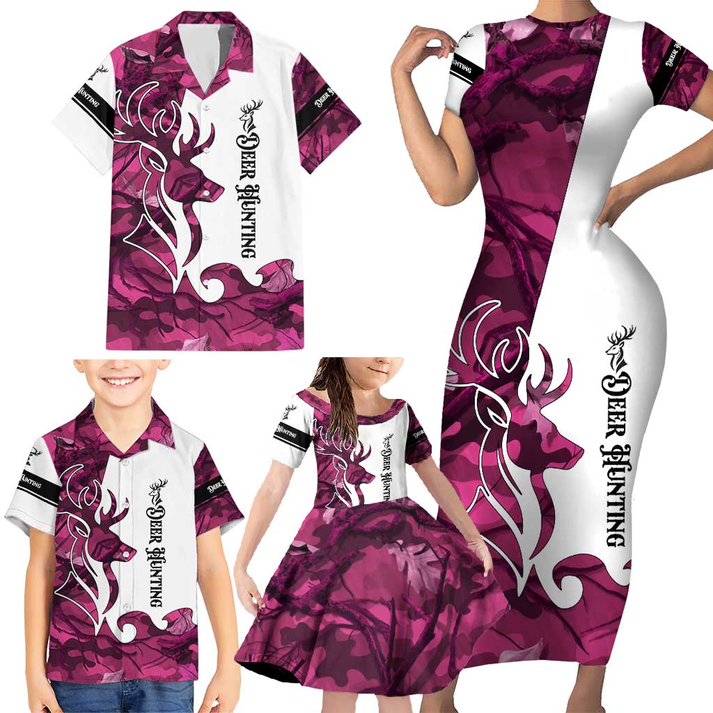 Pink Camo Customize Name Deer Hunting Family Matching Short Sleeve Bodycon Dress and Hawaiian Shirt Tribal Buck Silhouette - Wonder Print Shop