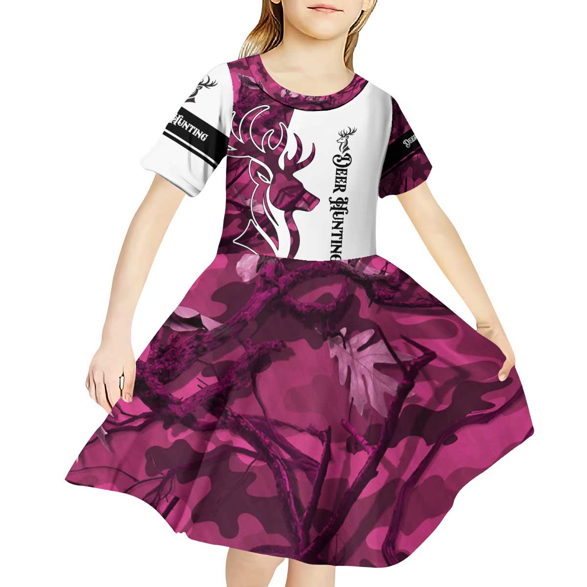 Pink Camo Customize Name Deer Hunting Kid Short Sleeve Dress Tribal Buck Silhouette - Wonder Print Shop
