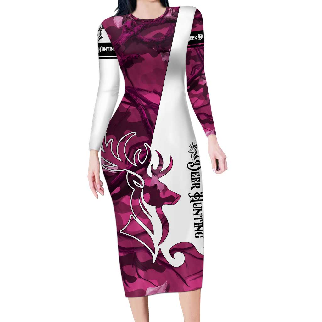 Pink Camo Customize Name Deer Hunting Long Sleeve Bodycon Dress Tribal Buck Silhouette - Wonder Print Shop