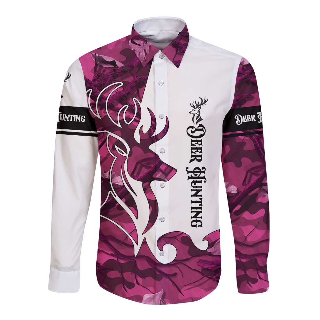 Pink Camo Customize Name Deer Hunting Long Sleeve Button Shirt Tribal Buck Silhouette - Wonder Print Shop