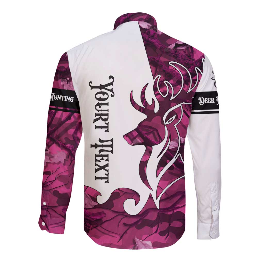 Pink Camo Customize Name Deer Hunting Long Sleeve Button Shirt Tribal Buck Silhouette - Wonder Print Shop