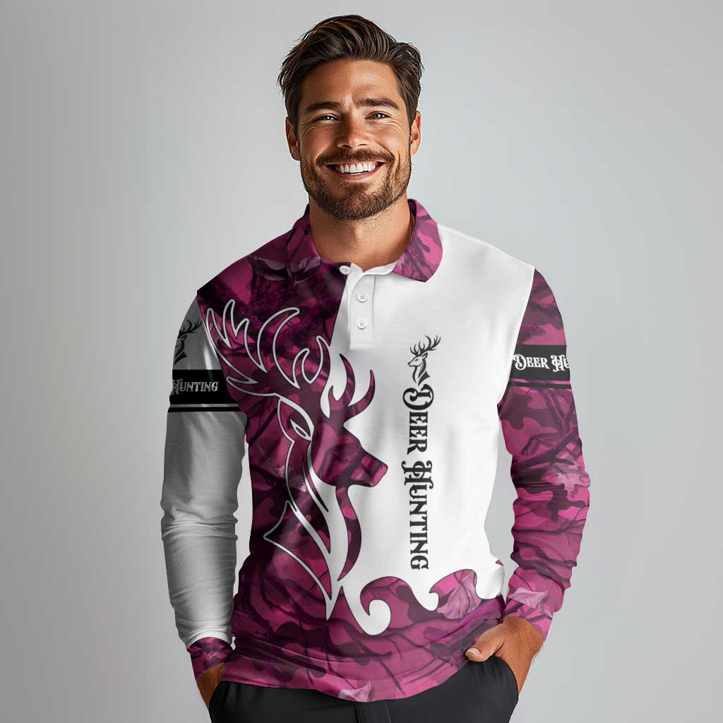 Pink Camo Customize Name Deer Hunting Long Sleeve Polo Shirt Tribal Buck Silhouette - Wonder Print Shop