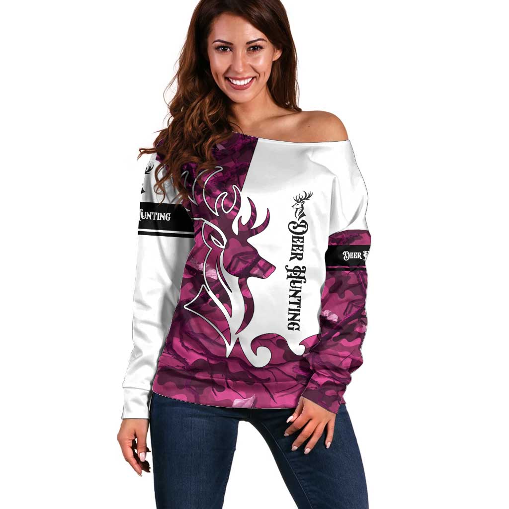 Pink Camo Customize Name Deer Hunting Off Shoulder Sweater Tribal Buck Silhouette - Wonder Print Shop