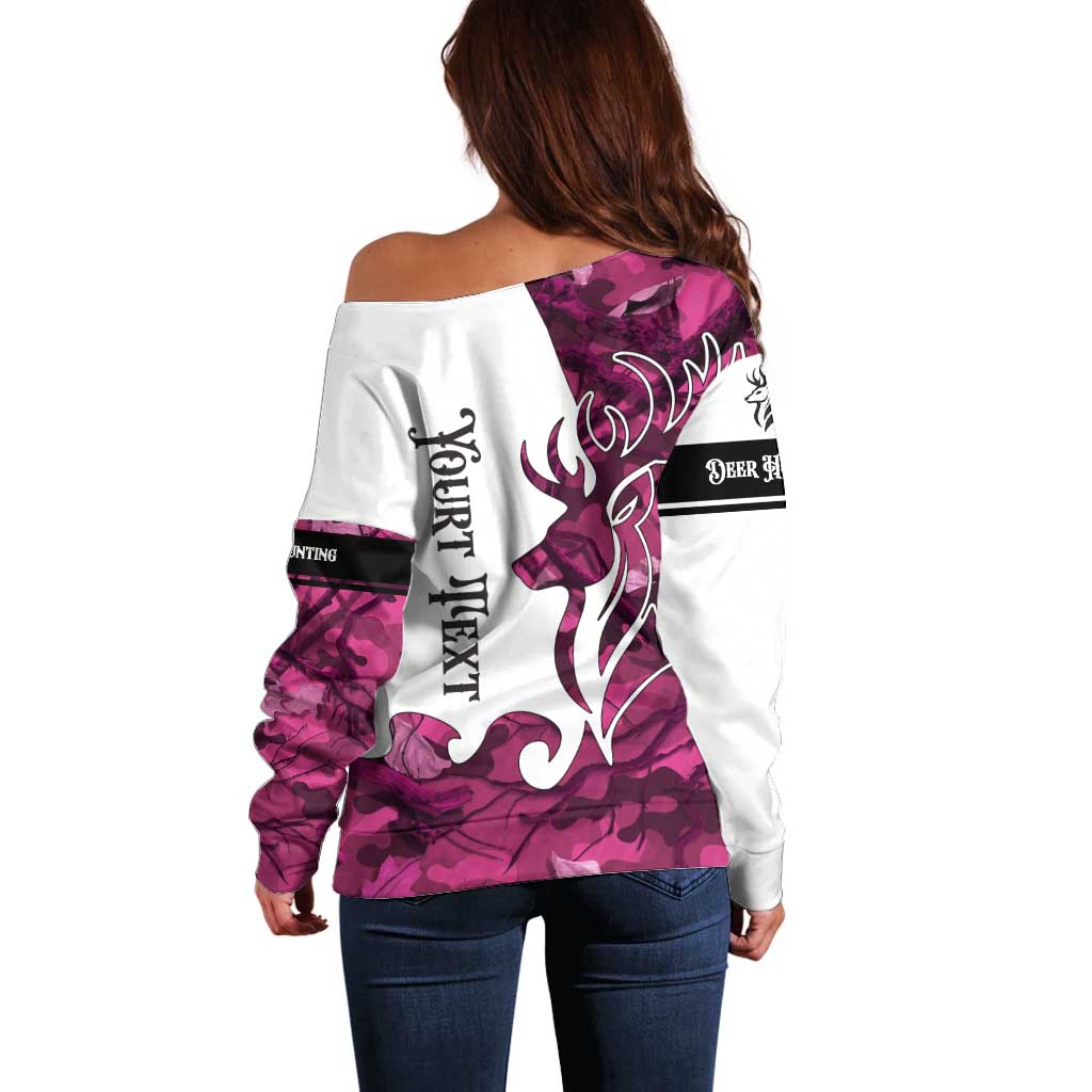 Pink Camo Customize Name Deer Hunting Off Shoulder Sweater Tribal Buck Silhouette - Wonder Print Shop