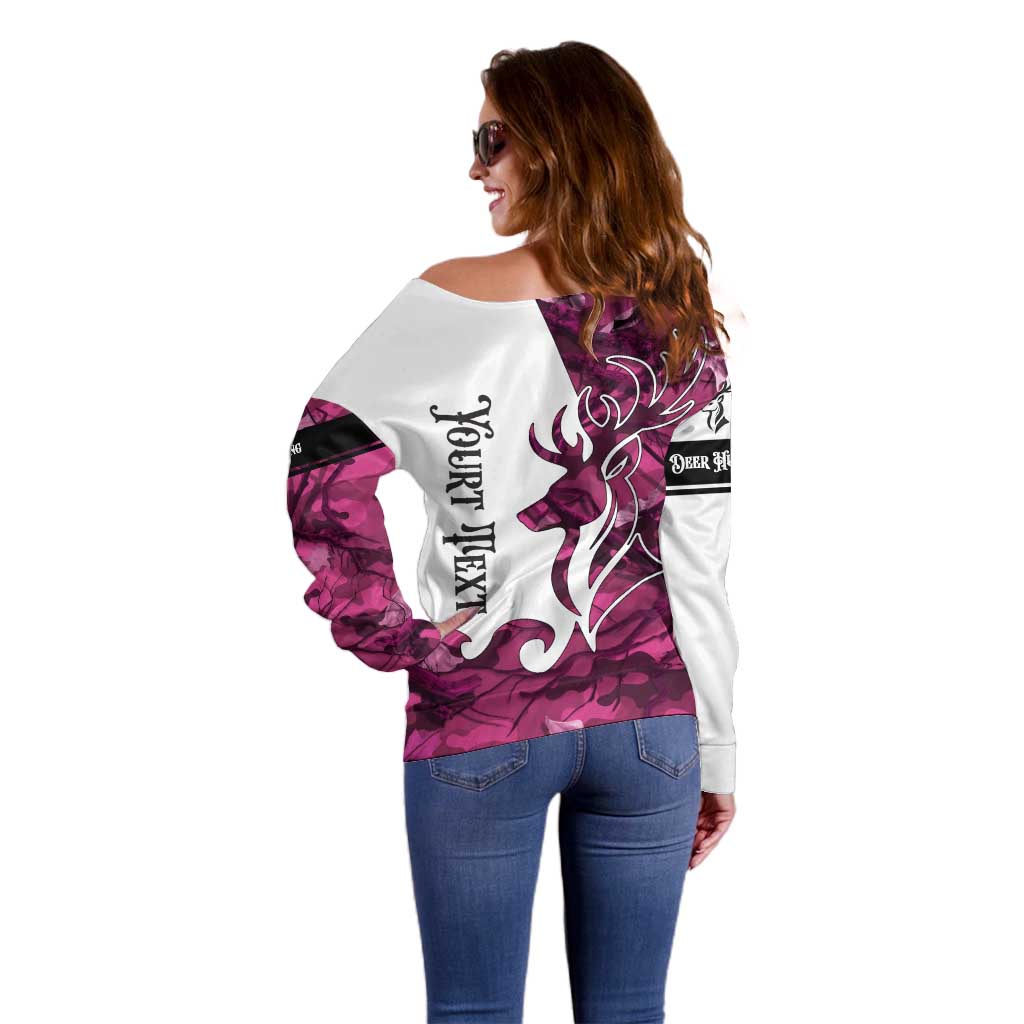 Pink Camo Customize Name Deer Hunting Off Shoulder Sweater Tribal Buck Silhouette - Wonder Print Shop