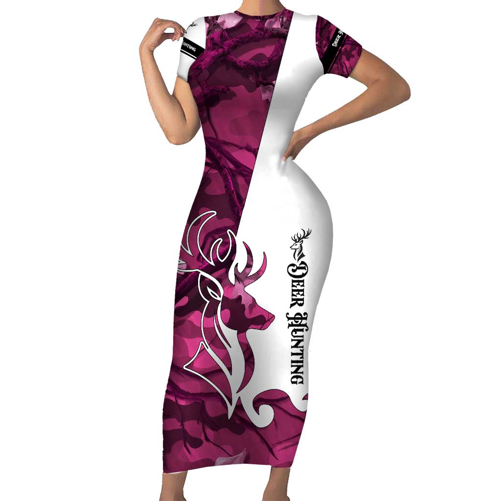Pink Camo Customize Name Deer Hunting Short Sleeve Bodycon Dress Tribal Buck Silhouette - Wonder Print Shop