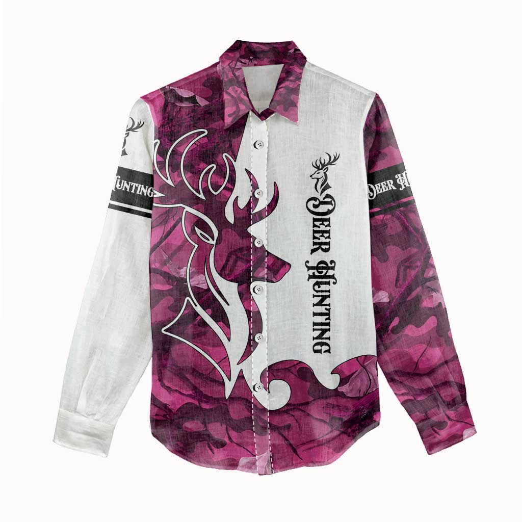 Pink Camo Customize Name Deer Hunting Women Casual Shirt Tribal Buck Silhouette - Wonder Print Shop