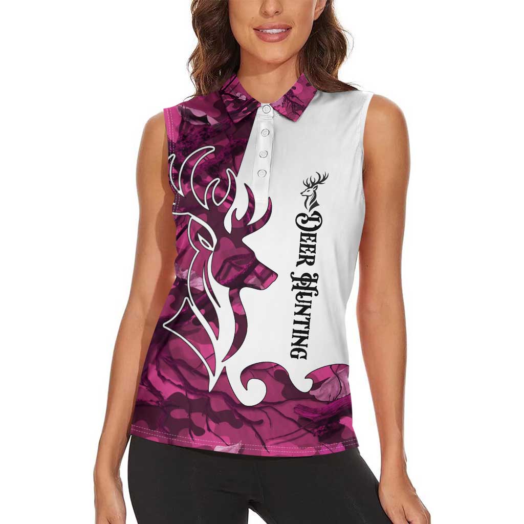 Pink Camo Customize Name Deer Hunting Women Sleeveless Polo Shirt Tribal Buck Silhouette - Wonder Print Shop