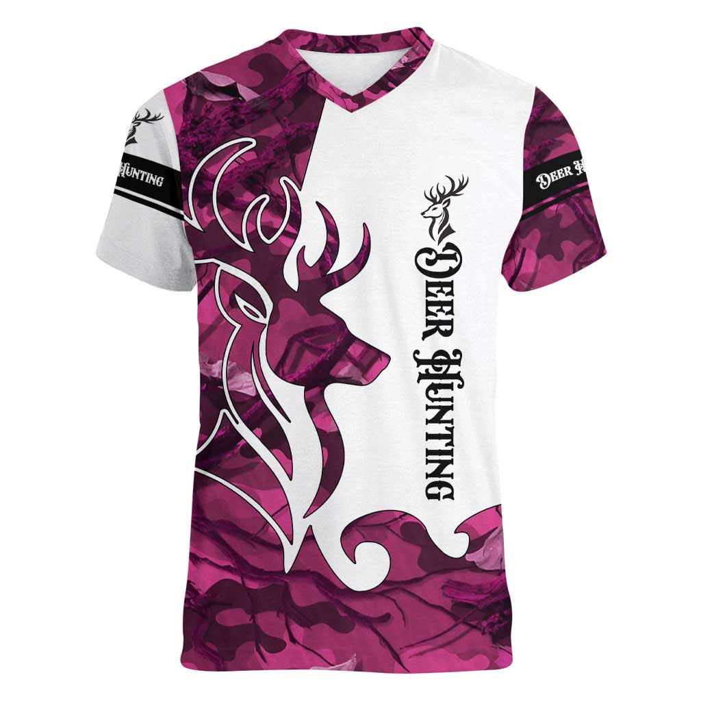 Pink Camo Customize Name Deer Hunting Women V-Neck T-Shirt Tribal Buck Silhouette - Wonder Print Shop