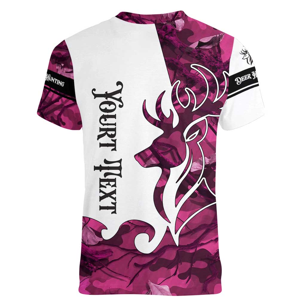 Pink Camo Customize Name Deer Hunting Women V-Neck T-Shirt Tribal Buck Silhouette - Wonder Print Shop