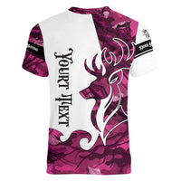 Pink Camo Customize Name Deer Hunting Women V-Neck T-Shirt Tribal Buck Silhouette - Wonder Print Shop