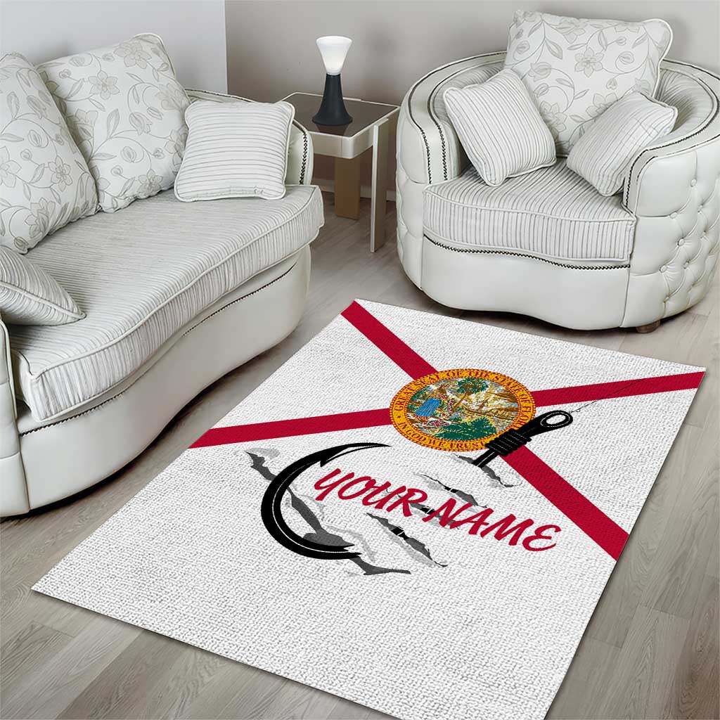 Flag Florida Fishing Area Rug Fish Hook Rip Detail and Custom Name Red Accent Design - Wonder Print Shop