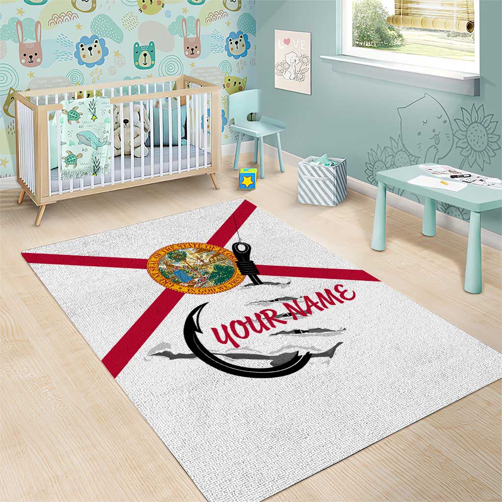 Flag Florida Fishing Area Rug Fish Hook Rip Detail and Custom Name Red Accent Design - Wonder Print Shop