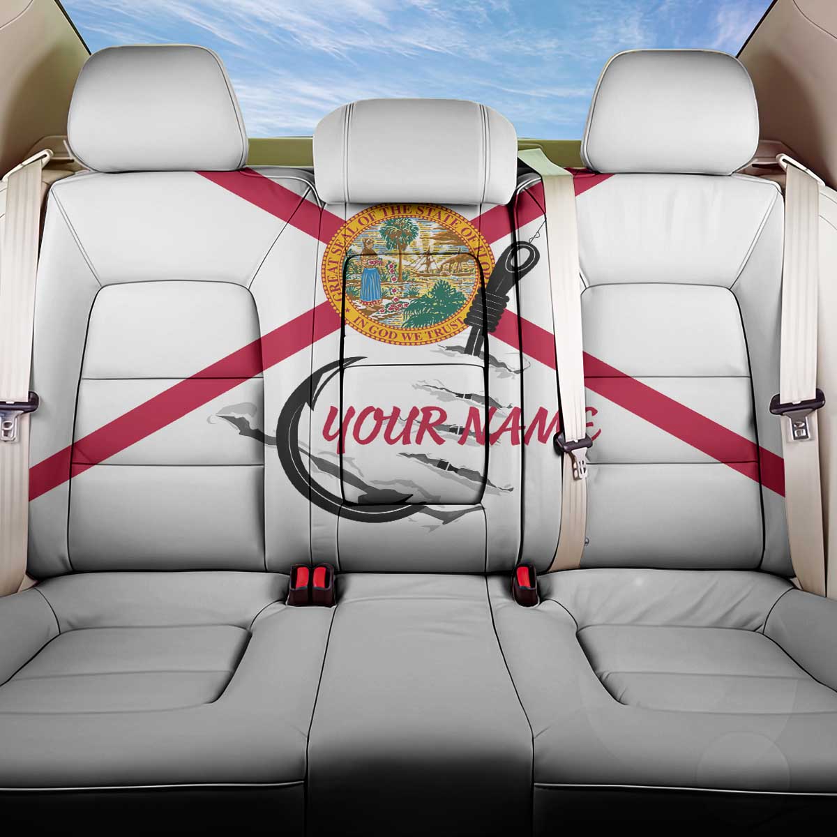 Flag Florida Fishing Back Car Seat Cover Fish Hook Rip Detail and Custom Name Red Accent Design - Wonder Print Shop