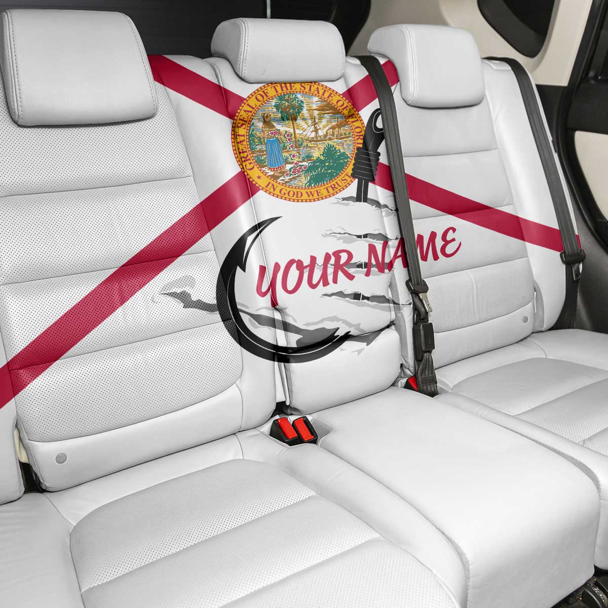 Flag Florida Fishing Back Car Seat Cover Fish Hook Rip Detail and Custom Name Red Accent Design - Wonder Print Shop