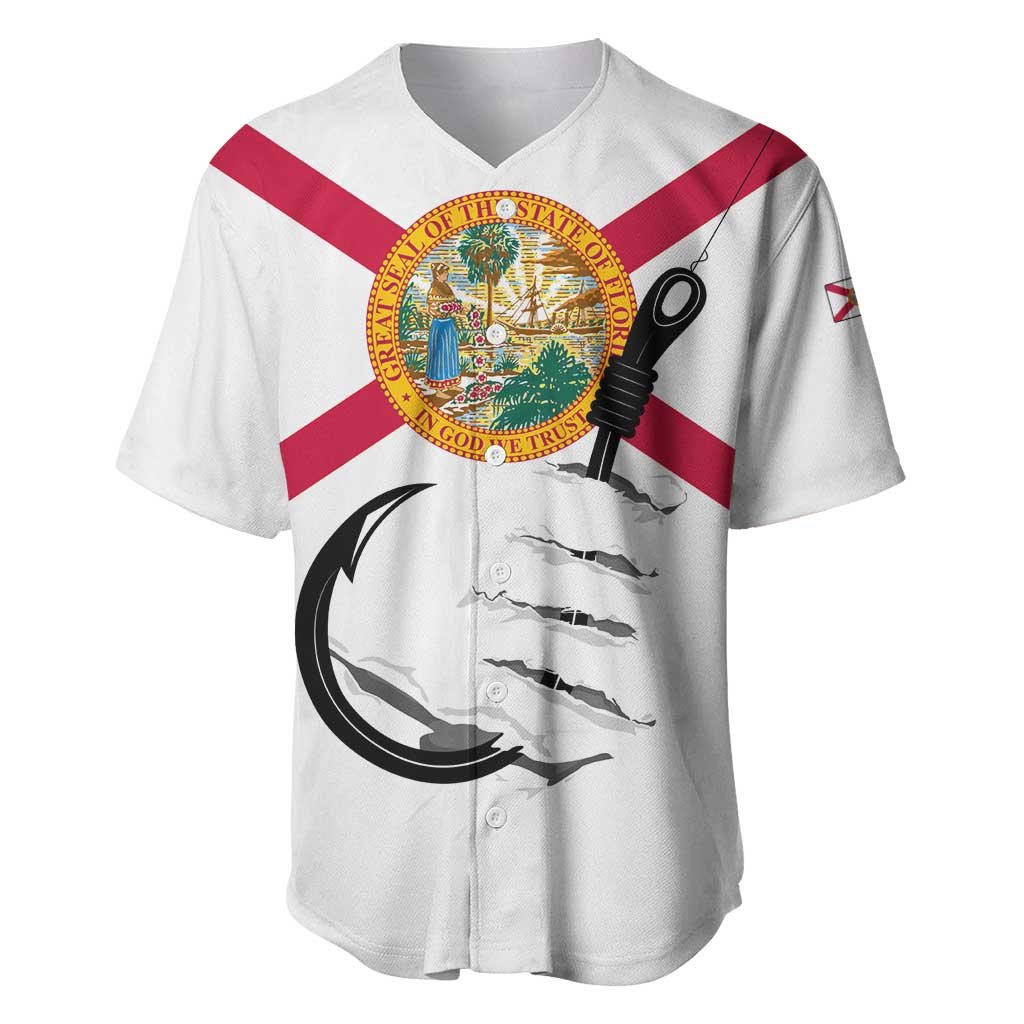 Flag Florida Fishing Baseball Jersey Fish Hook Rip Detail and Custom Name Red Accent Design - Wonder Print Shop