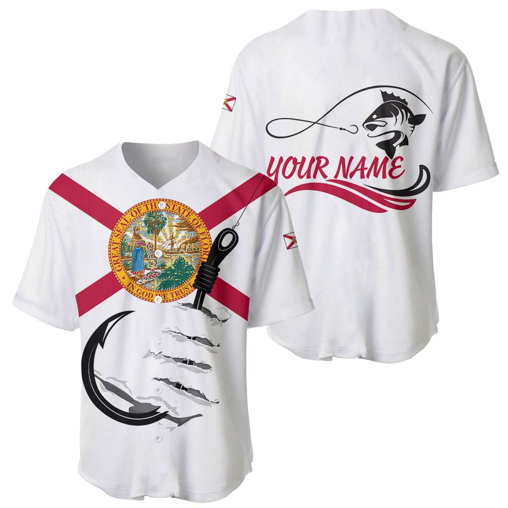 Flag Florida Fishing Baseball Jersey Fish Hook Rip Detail and Custom Name Red Accent Design - Wonder Print Shop