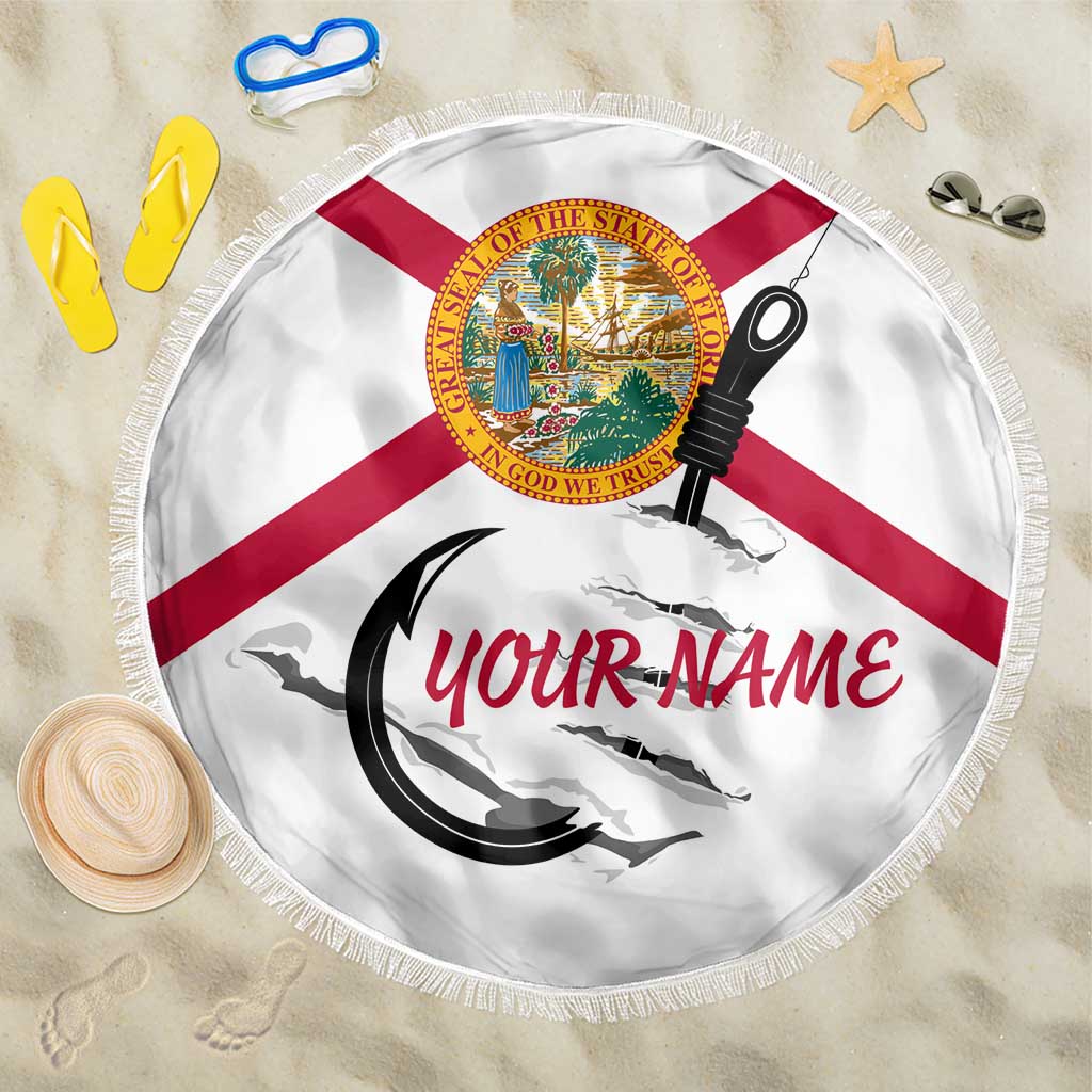 Flag Florida Fishing Beach Blanket Fish Hook Rip Detail and Custom Name Red Accent Design - Wonder Print Shop