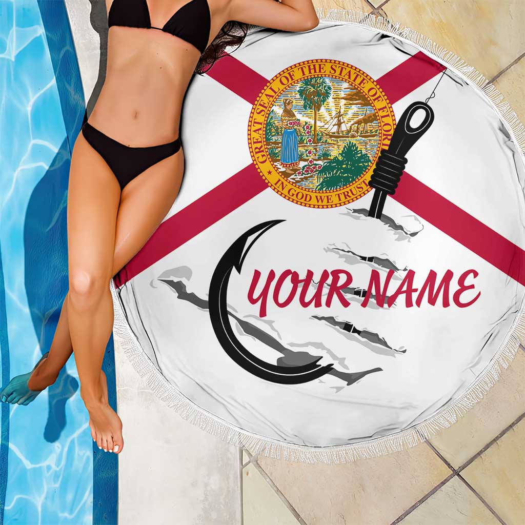 Flag Florida Fishing Beach Blanket Fish Hook Rip Detail and Custom Name Red Accent Design - Wonder Print Shop
