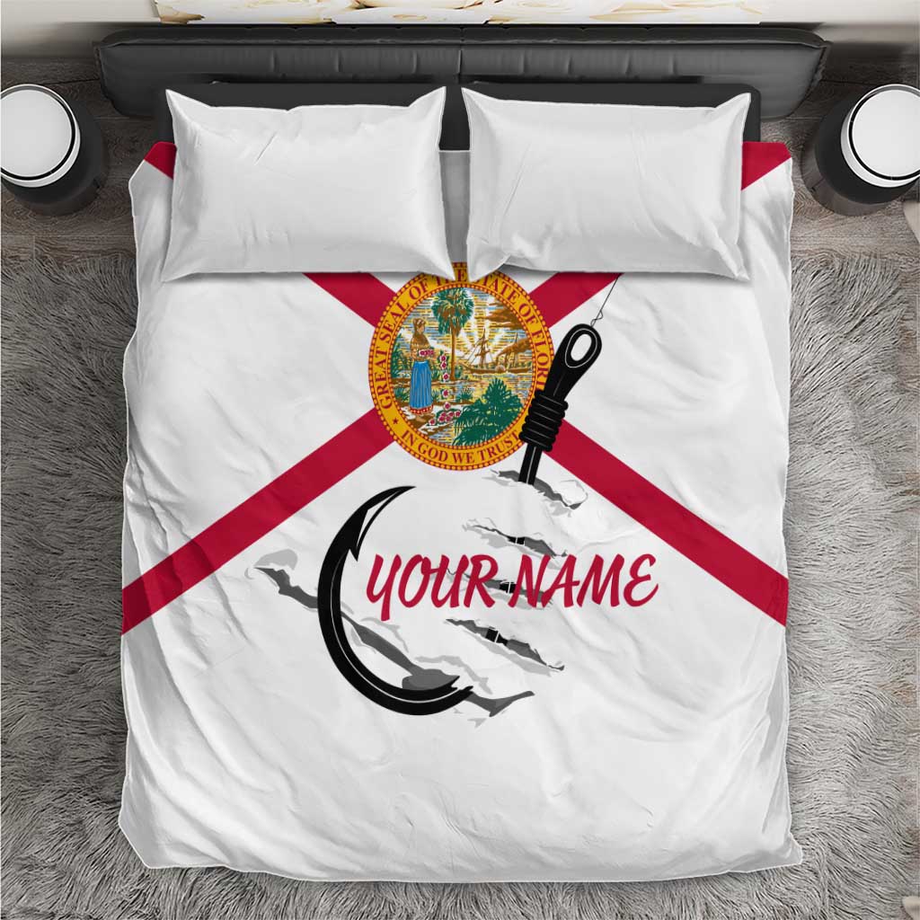 Flag Florida Fishing Bedding Set Fish Hook Rip Detail and Custom Name Red Accent Design - Wonder Print Shop
