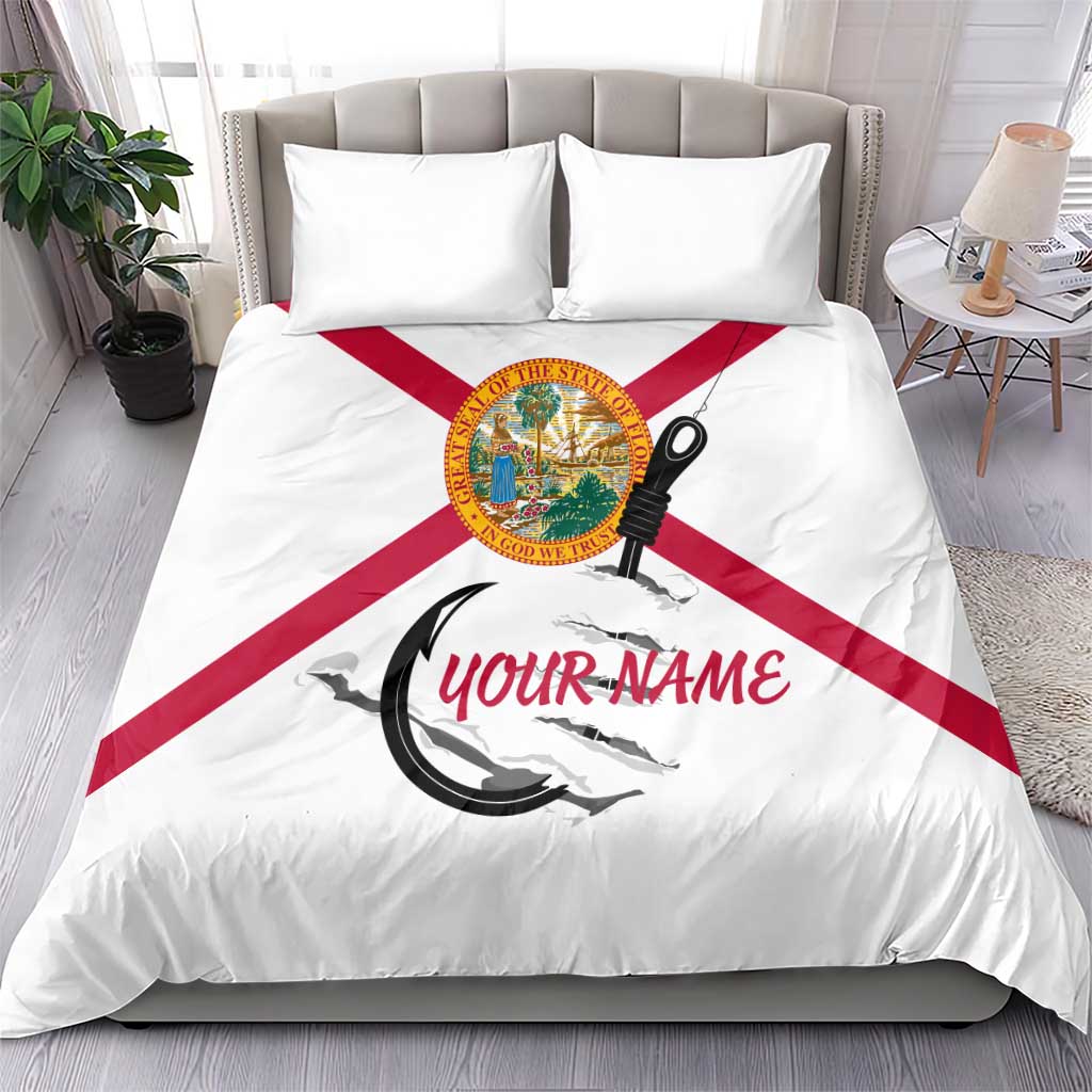 Flag Florida Fishing Bedding Set Fish Hook Rip Detail and Custom Name Red Accent Design - Wonder Print Shop