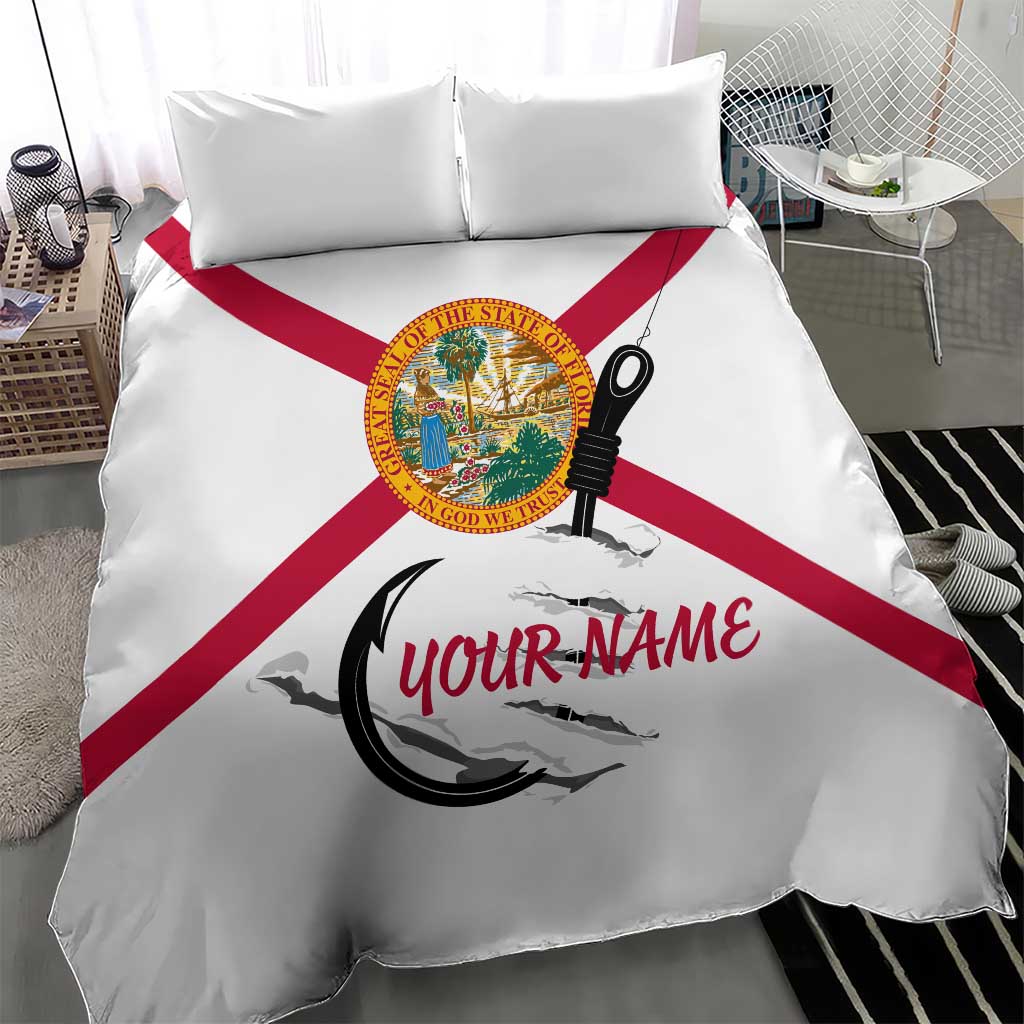 Flag Florida Fishing Bedding Set Fish Hook Rip Detail and Custom Name Red Accent Design - Wonder Print Shop