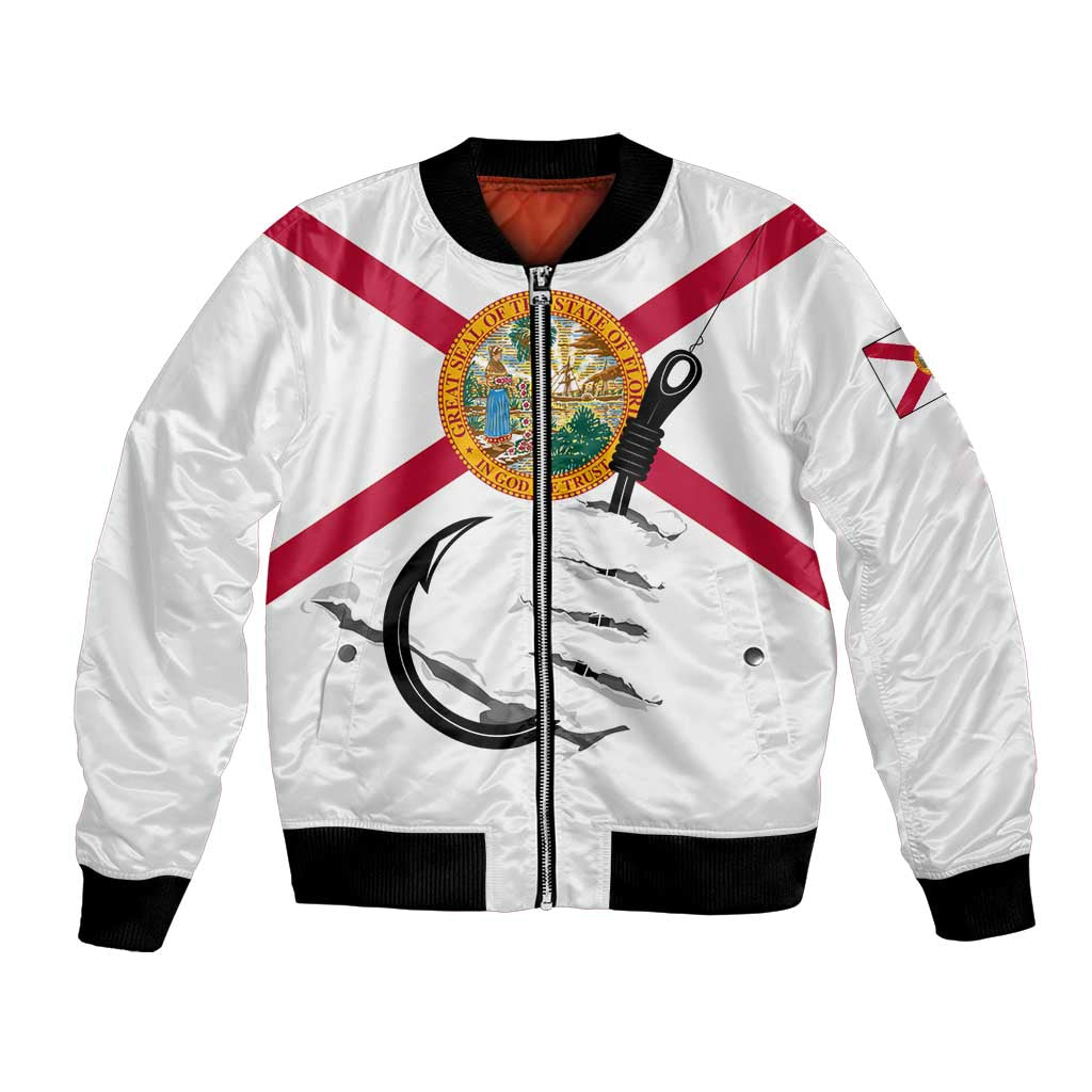 Flag Florida Fishing Bomber Jacket Fish Hook Rip Detail and Custom Name Red Accent Design - Wonder Print Shop