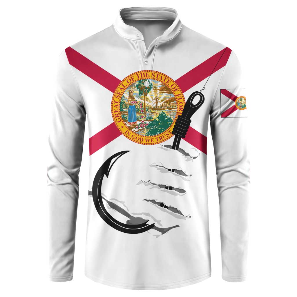 Flag Florida Fishing Button Sweatshirt Fish Hook Rip Detail and Custom Name Red Accent Design - Wonder Print Shop