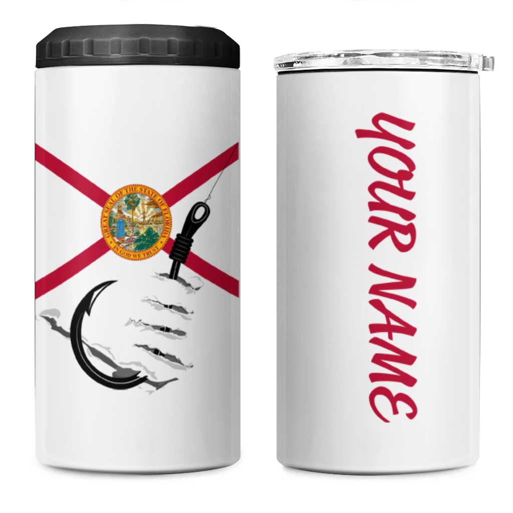 Flag Florida Fishing 4 in 1 Can Cooler Tumbler Fish Hook Rip Detail and Custom Name Red Accent Design - Wonder Print Shop