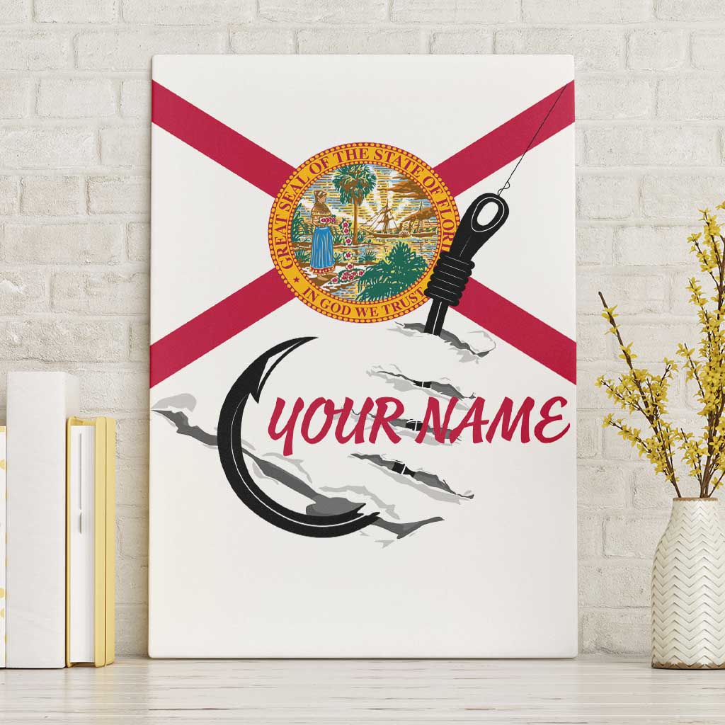 Flag Florida Fishing Canvas Wall Art Fish Hook Rip Detail and Custom Name Red Accent Design - Wonder Print Shop