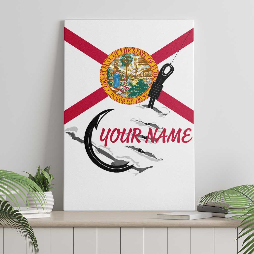 Flag Florida Fishing Canvas Wall Art Fish Hook Rip Detail and Custom Name Red Accent Design - Wonder Print Shop