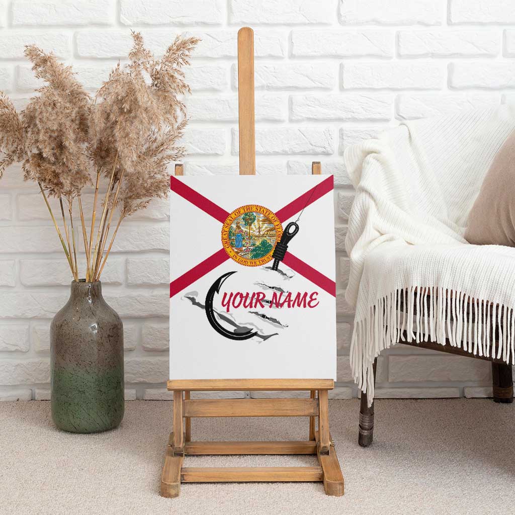 Flag Florida Fishing Canvas Wall Art Fish Hook Rip Detail and Custom Name Red Accent Design - Wonder Print Shop