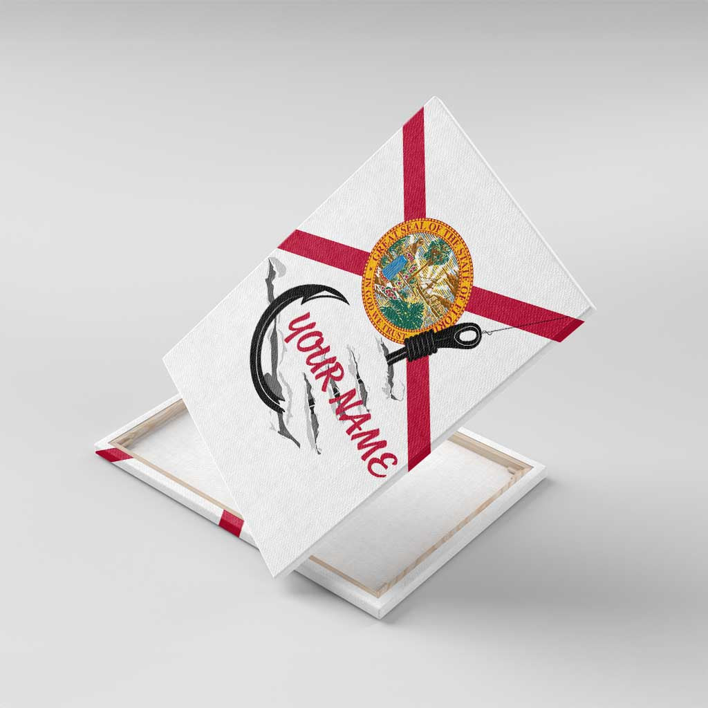 Flag Florida Fishing Canvas Wall Art Fish Hook Rip Detail and Custom Name Red Accent Design - Wonder Print Shop