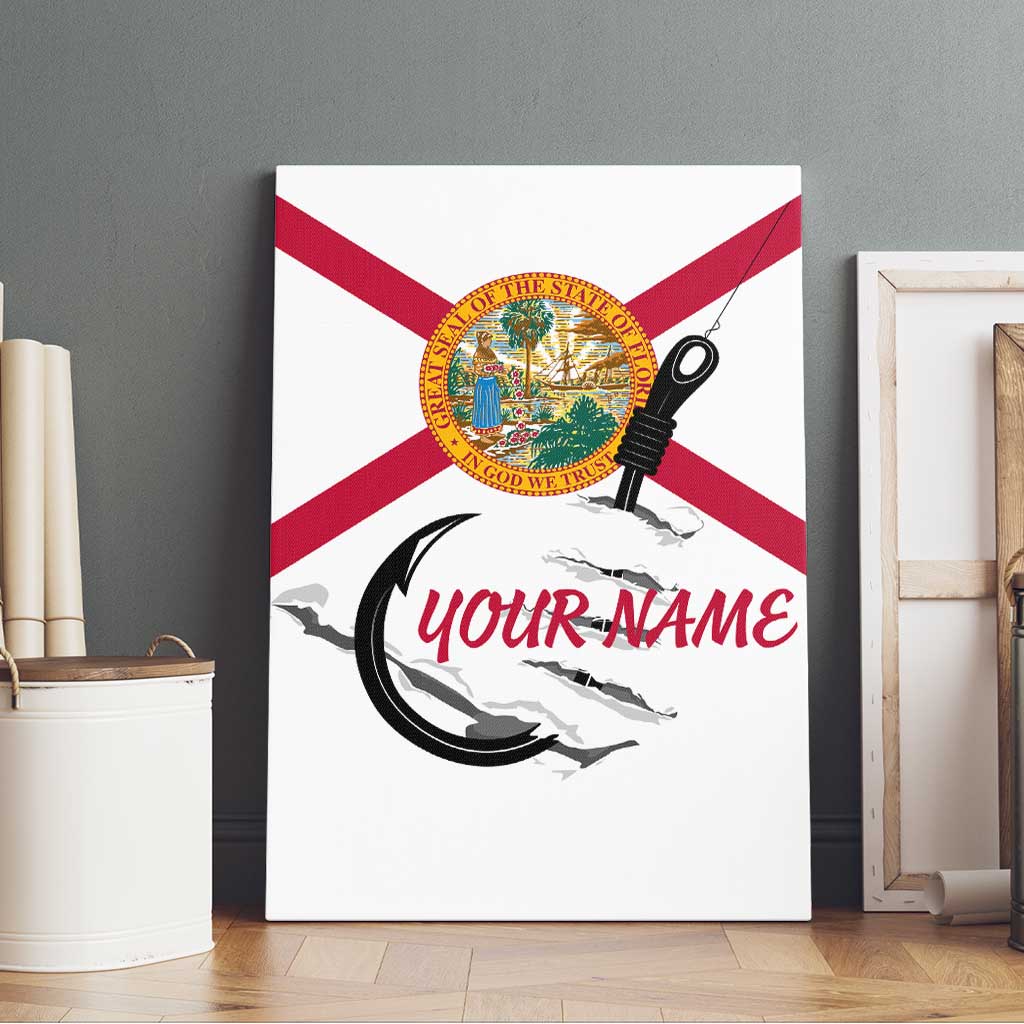 Flag Florida Fishing Canvas Wall Art Fish Hook Rip Detail and Custom Name Red Accent Design - Wonder Print Shop