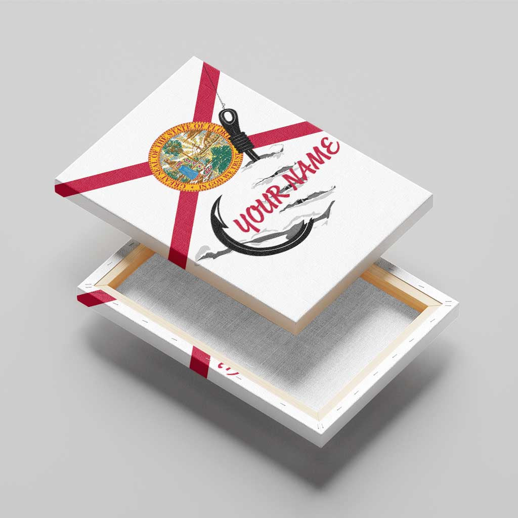 Flag Florida Fishing Canvas Wall Art Fish Hook Rip Detail and Custom Name Red Accent Design - Wonder Print Shop