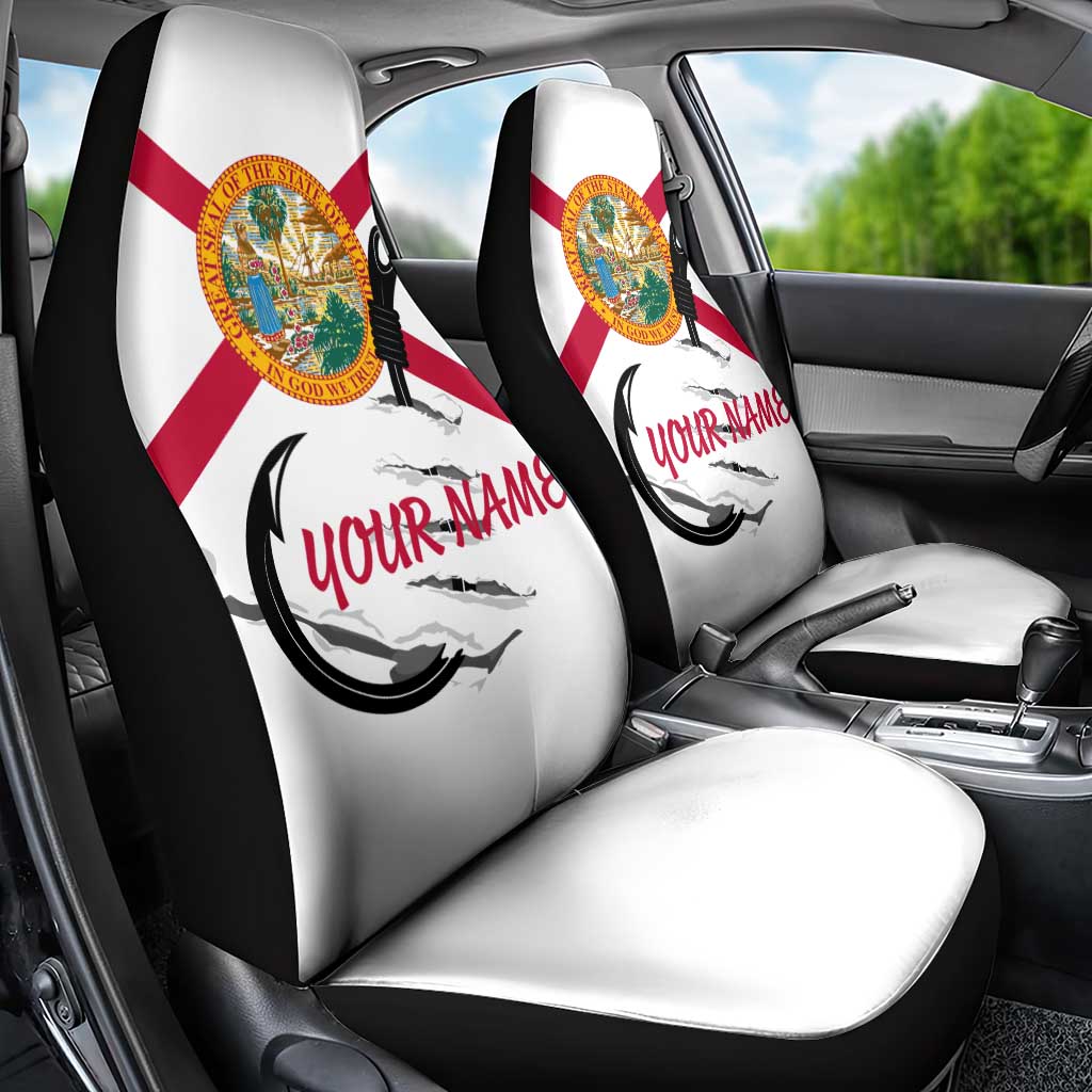 Flag Florida Fishing Car Seat Cover Fish Hook Rip Detail and Custom Name Red Accent Design - Wonder Print Shop