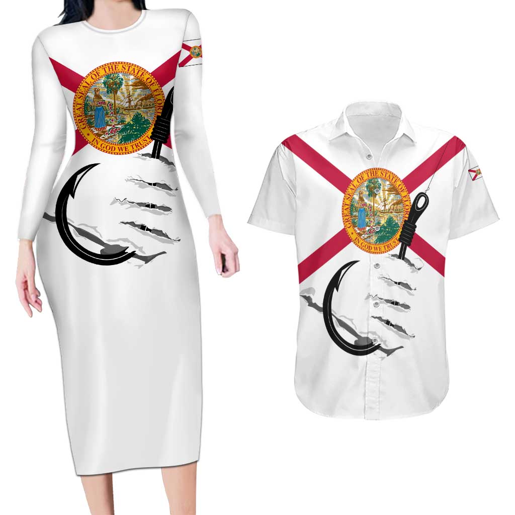 Flag Florida Fishing Couples Matching Long Sleeve Bodycon Dress and Hawaiian Shirt Fish Hook Rip Detail and Custom Name Red Accent Design - Wonder Print Shop