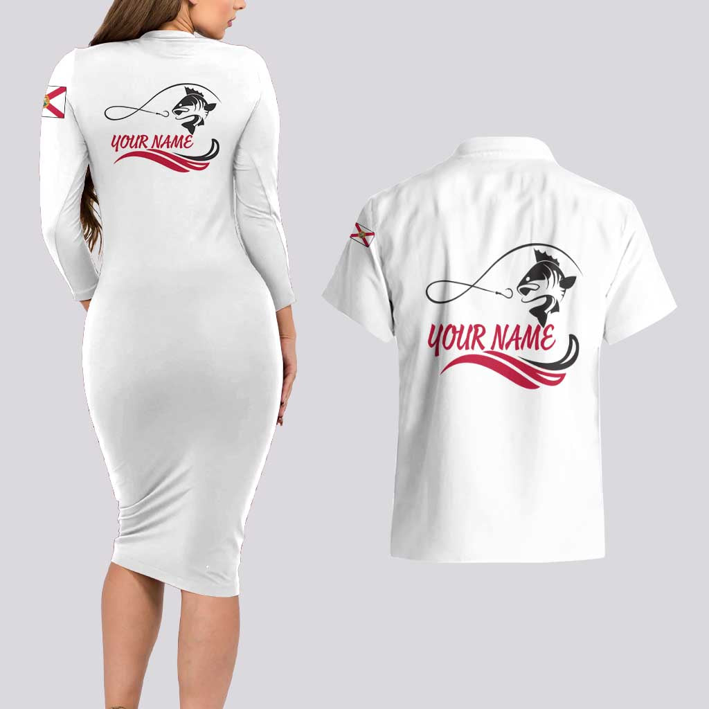 Flag Florida Fishing Couples Matching Long Sleeve Bodycon Dress and Hawaiian Shirt Fish Hook Rip Detail and Custom Name Red Accent Design - Wonder Print Shop