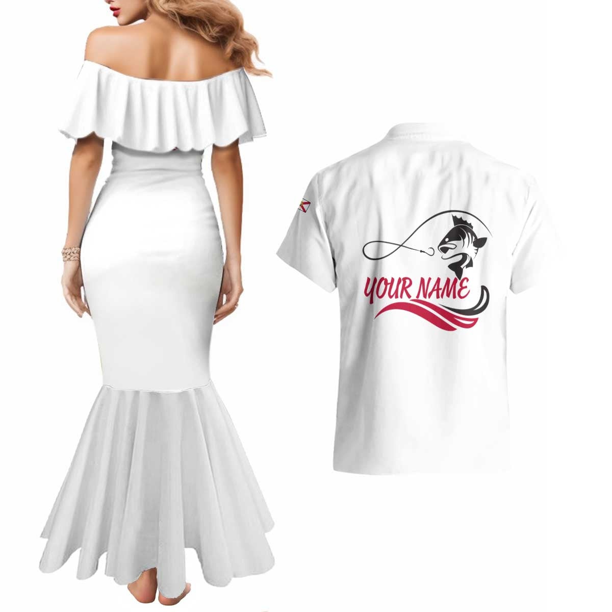 Flag Florida Fishing Couples Matching Mermaid Dress and Hawaiian Shirt Fish Hook Rip Detail and Custom Name Red Accent Design - Wonder Print Shop