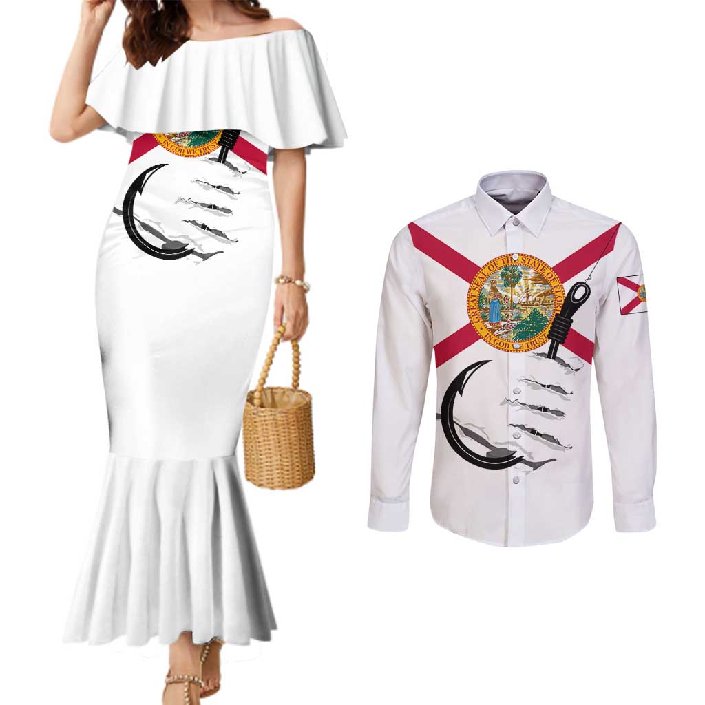 Flag Florida Fishing Couples Matching Mermaid Dress and Long Sleeve Button Shirt Fish Hook Rip Detail and Custom Name Red Accent Design - Wonder Print Shop