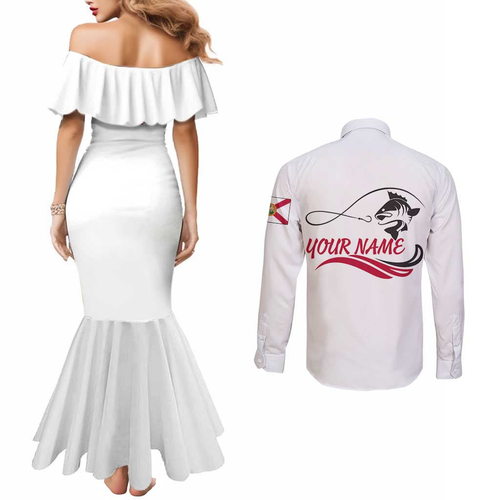 Flag Florida Fishing Couples Matching Mermaid Dress and Long Sleeve Button Shirt Fish Hook Rip Detail and Custom Name Red Accent Design - Wonder Print Shop