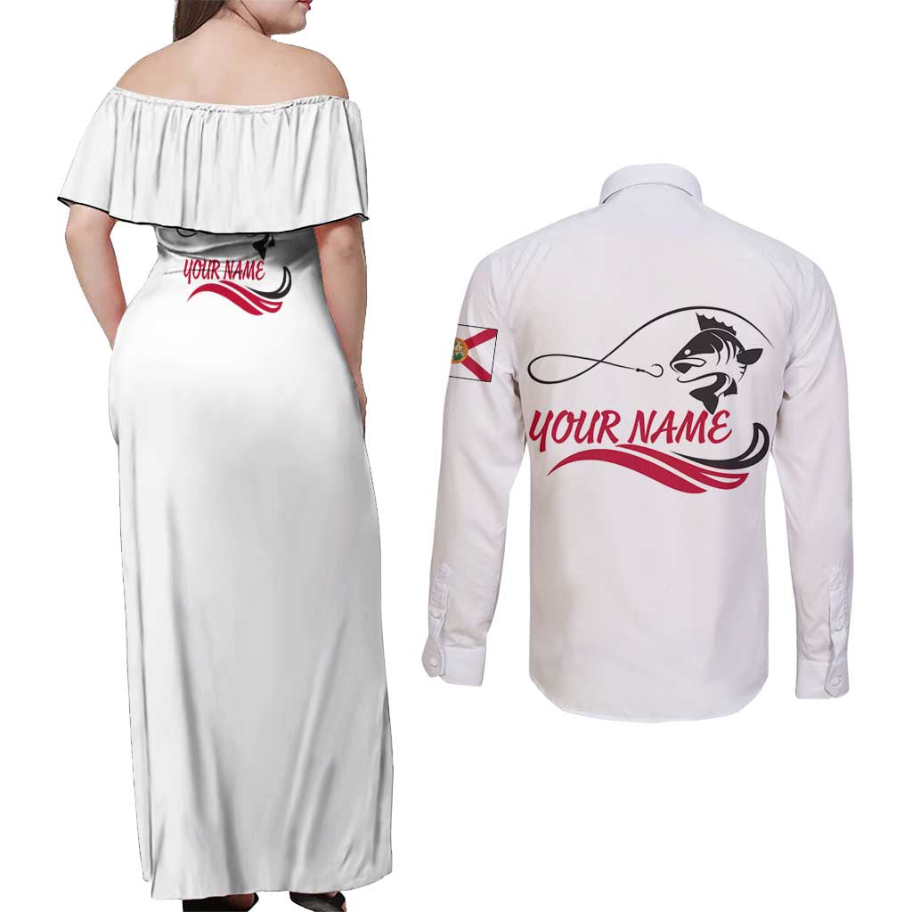 Flag Florida Fishing Couples Matching Off Shoulder Maxi Dress and Long Sleeve Button Shirt Fish Hook Rip Detail and Custom Name Red Accent Design - Wonder Print Shop