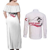 Flag Florida Fishing Couples Matching Off Shoulder Maxi Dress and Long Sleeve Button Shirt Fish Hook Rip Detail and Custom Name Red Accent Design - Wonder Print Shop
