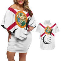 Flag Florida Fishing Couples Matching Off Shoulder Short Dress and Hawaiian Shirt Fish Hook Rip Detail and Custom Name Red Accent Design - Wonder Print Shop